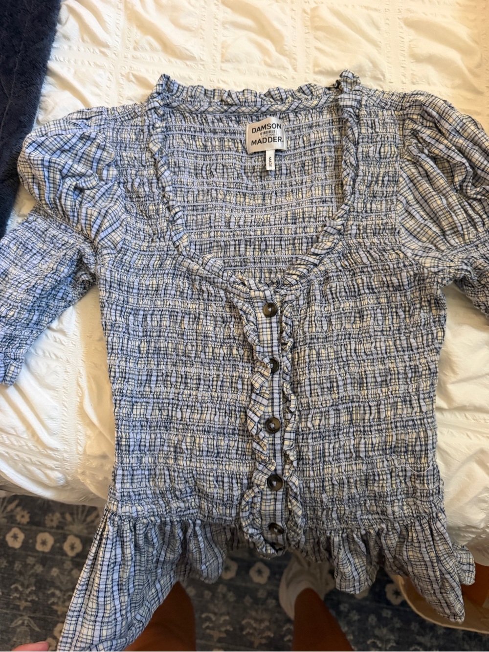 Damson Madder Blue Plaid Smocked Button-Front Blouse